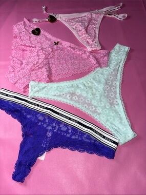 Women’s Panties Lace Thong Set — Pink, White, Purple